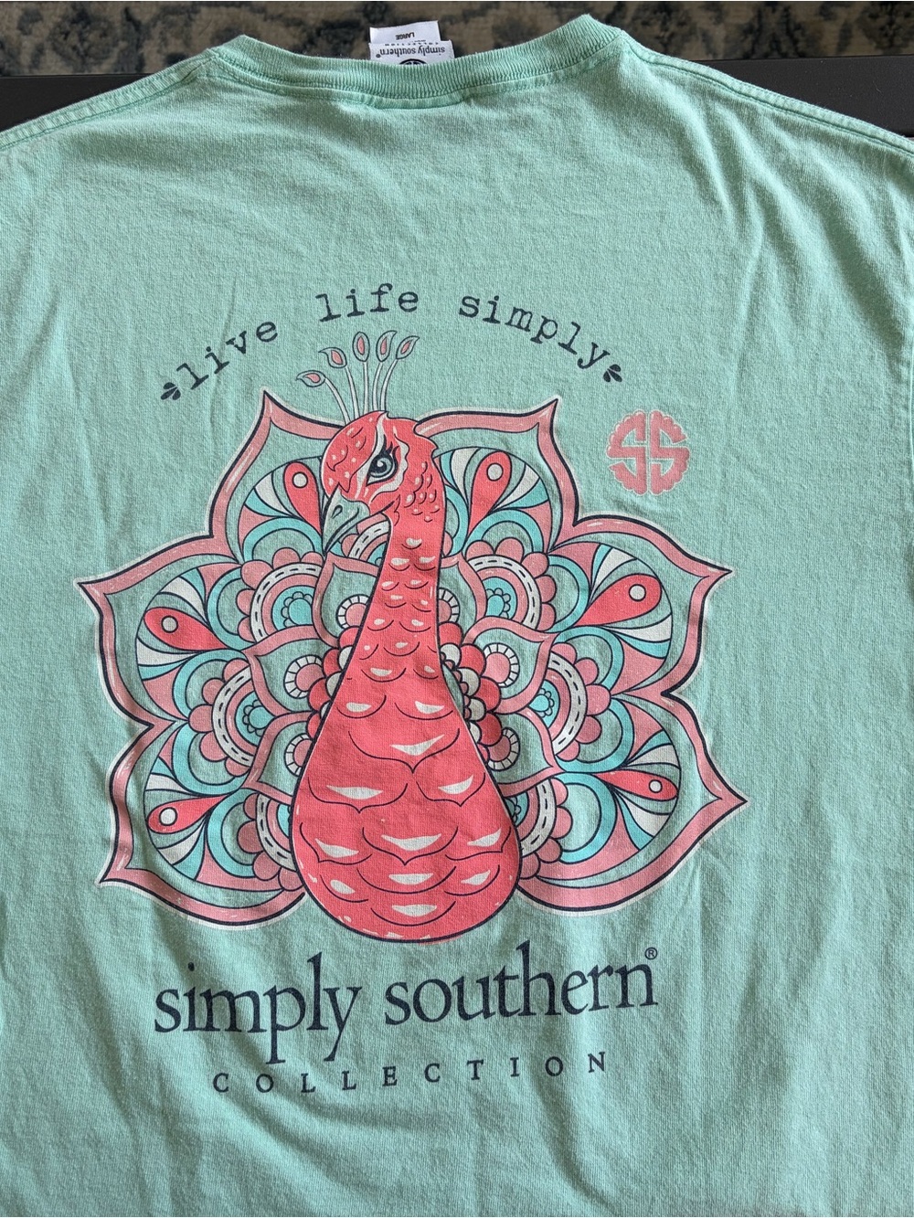 Simply Southern Mint Green Tee with Coral Peacock Graphic